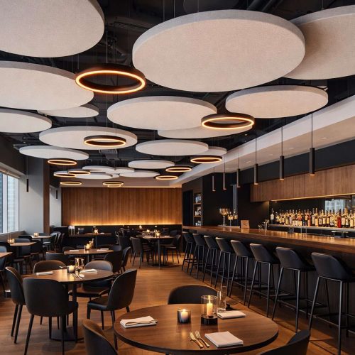 Nubes acústicas y plafones suspendidos: diseño, confort y rendimiento sonoro en la arquitectura de interiores