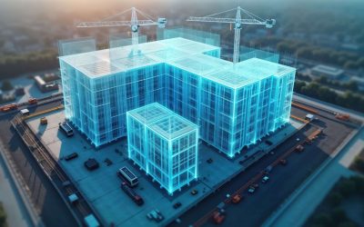 Digital twin simulation for construction project. Construction site with building models. Simulation software interface visible. Data analysis tools present. Construction vehicles on site. Blue light Digital twin simulation for construction project. Construction site with, building models. Simulation software interface visible. Data analysis tools present. Construction vehicles on site. Blue light