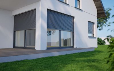 Window roller - modern house with terrace, 3D illustration