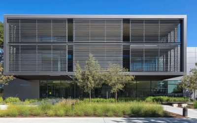 Exterior building facade with horizontal aluminum louver windows, designed for privacy and shade.