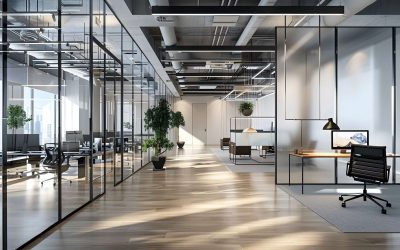 modern office design with open workspace, collaborative areas, glass walls, ergonomic furniture, stylish lighting, cinematic 16:9