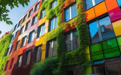 Sustainable Modern Facade, Transparent Solar Panels, Multi Colored Glass. Ecology, Renewable Energy, Green Electricity. Smart Infrastructure, Future Civil Engineering. Office, Commercial Real Estate.
