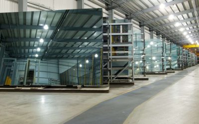 Large sheets of glass in a factory storage aera.