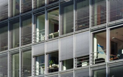 office building windows with external venetian blinds