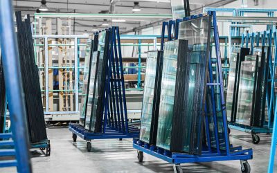 Production of plastic windows. On special trolleys for transportation there are blanks of plastic windows.