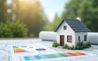 Eco friendly house model sits on blueprints with energy efficiency rating. Sustainable real estate concepts highlighted. Blueprint shows energy, performance details. Property eco rating clear.