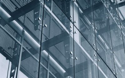 Architecture Background. Glass facade system Black and white architecture abstract background. Glass curtain walls. Fasteners elements of spider glass system. Facade detail